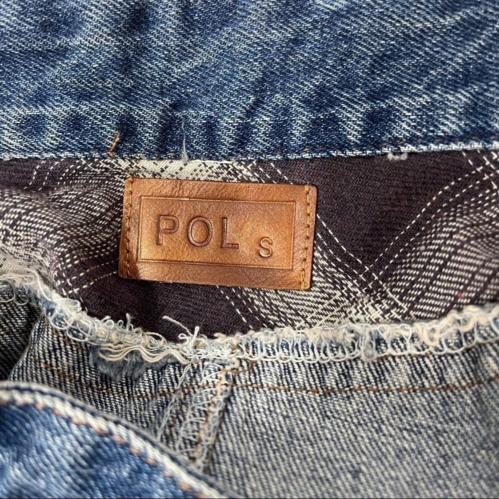 POL Boutique Distressed Plaid Patched Frayed Hem Denim Mini Skirt - Picture 12 of 13